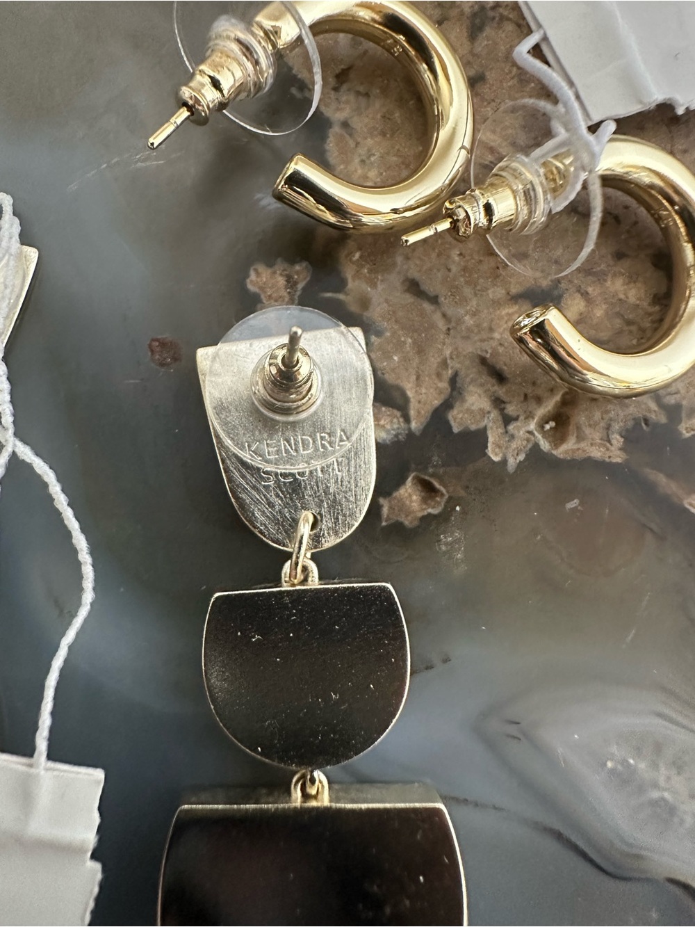 Kendra Scott Gold and Pink Drop Statement Earrings and gold hoops - Picture 5 of 6